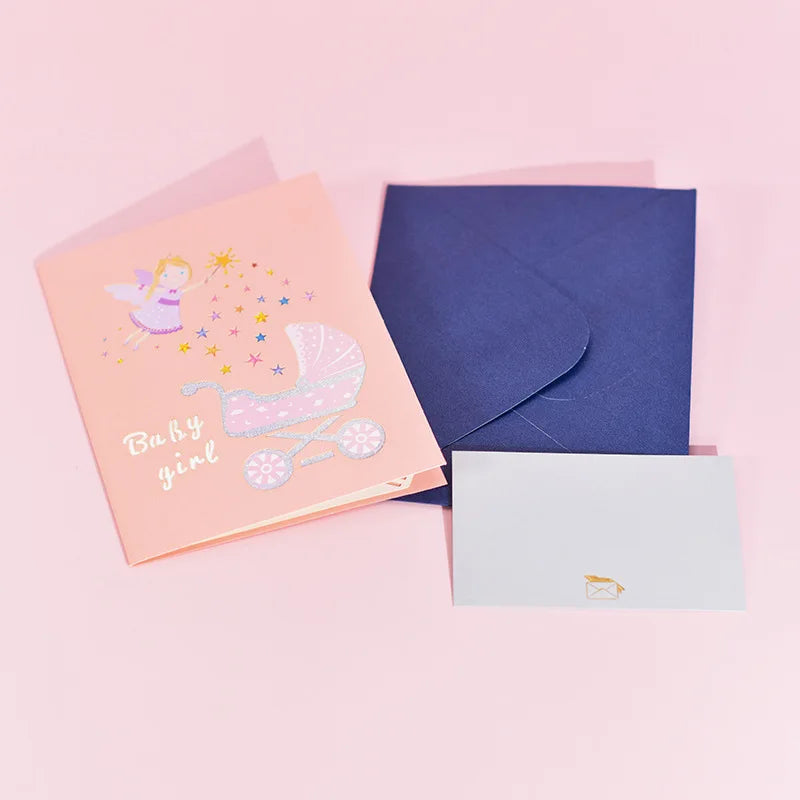 1st First Birthday Gift Card for Newborn 3D Baby Carriage  Little Fairy Greeting Cards for Baby Shower Invitation Pink Blue