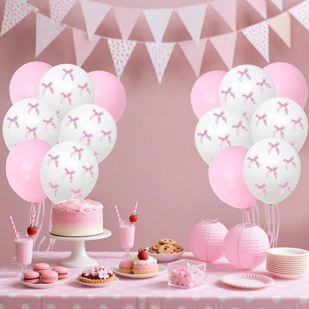 Bow Balloons Set White Balloon Mini Pink Ribbon Bows Girls Birthday Party Decorations Globos Baby Shower Wedding Bridal Shower