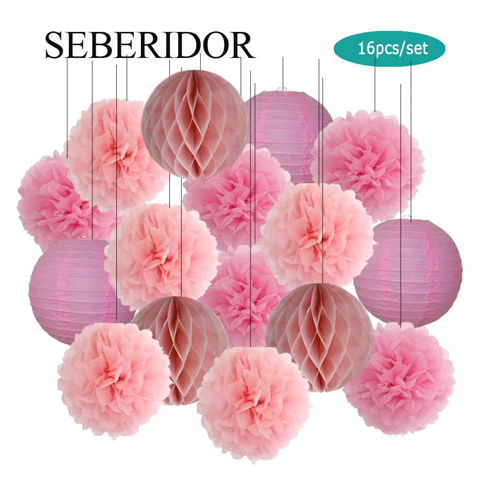 Papier Laternen Set 16-teilig – Runde Laternen, Waben & Pompons | Geburtstag, Hochzeit & Party | 35 Farben