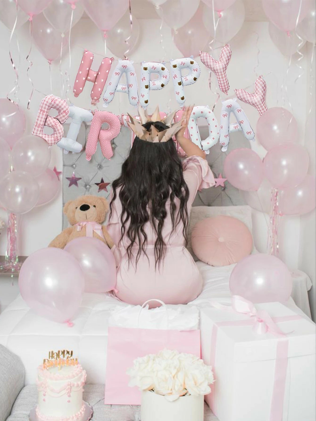 28-piece pink floral birthday set includes a floral "Happy Birthday" banner, pink latex balloons, and is suitable for birthday