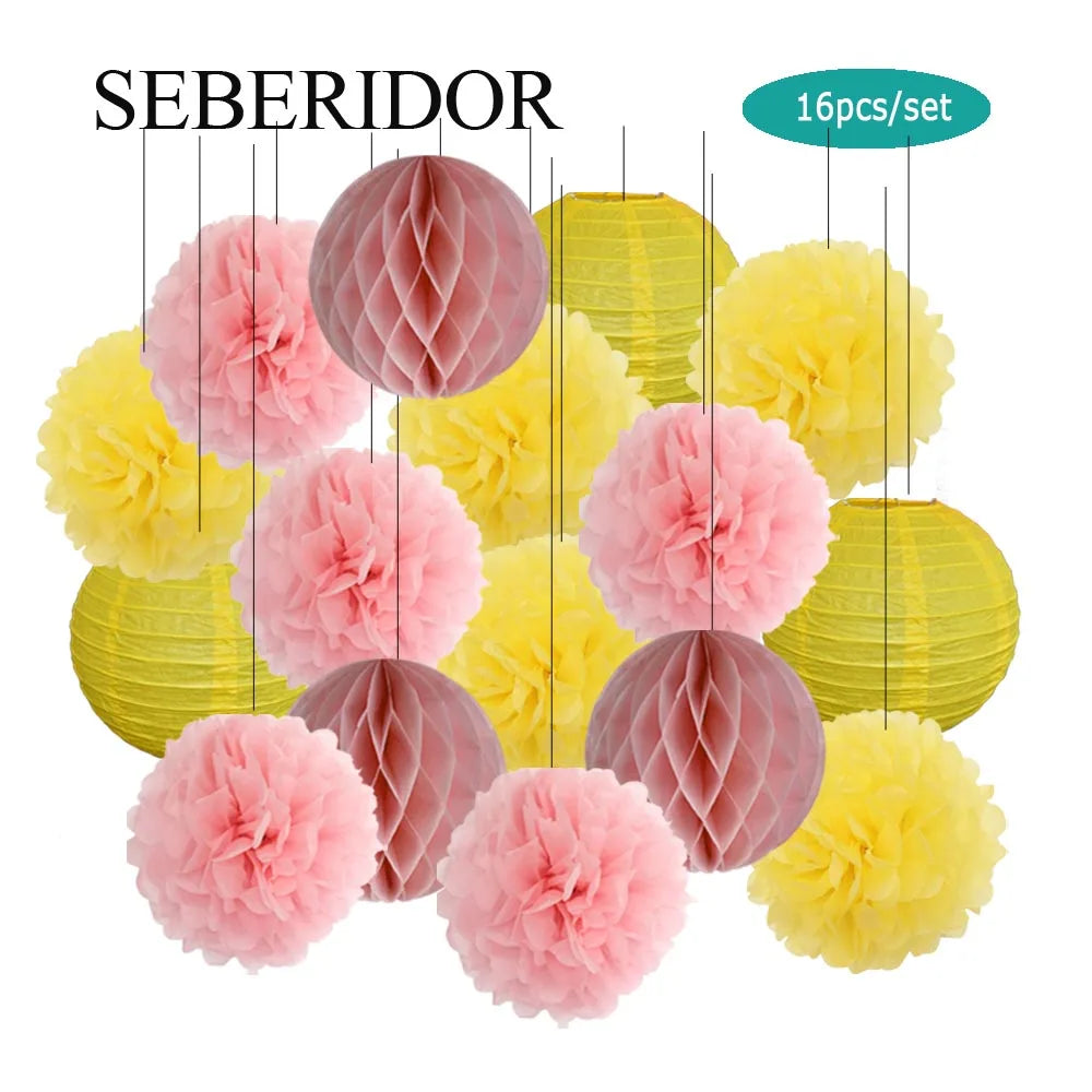 Papier Laternen Set 16-teilig – Runde Laternen, Waben & Pompons | Geburtstag, Hochzeit & Party | 35 Farben