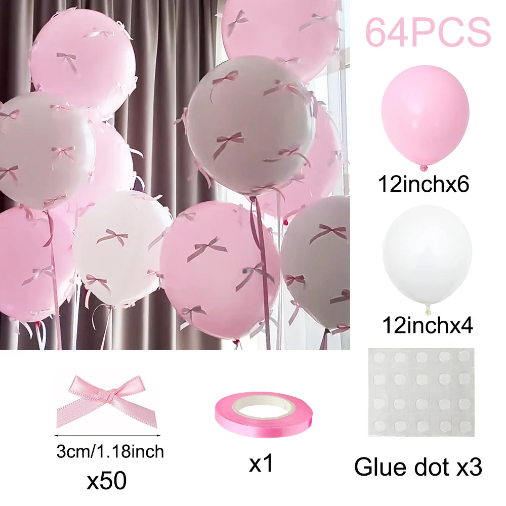 Bow Balloons Set White Balloon Mini Pink Ribbon Bows Girls Birthday Party Decorations Globos Baby Shower Wedding Bridal Shower