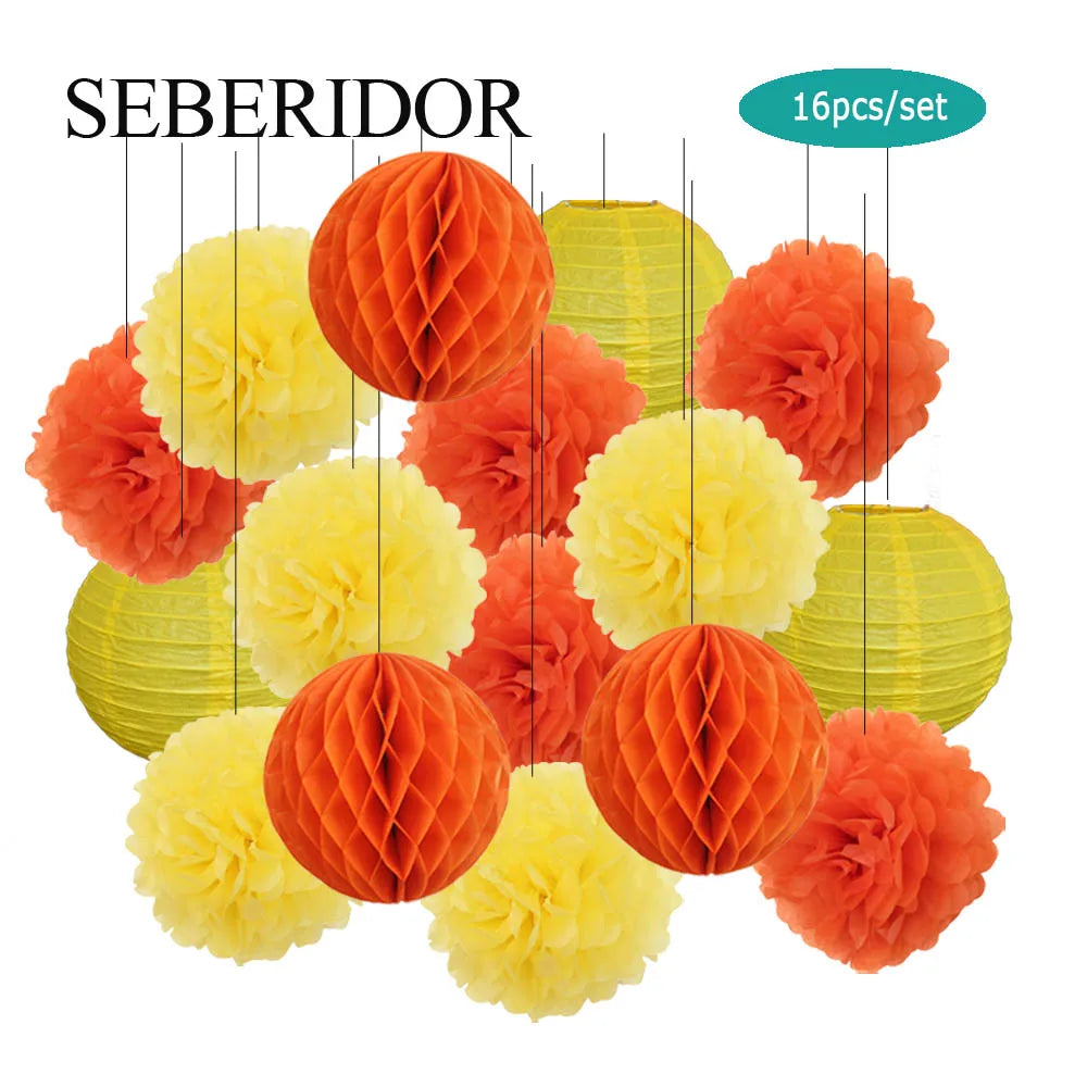 Papier Laternen Set 16-teilig – Runde Laternen, Waben & Pompons | Geburtstag, Hochzeit & Party | 35 Farben