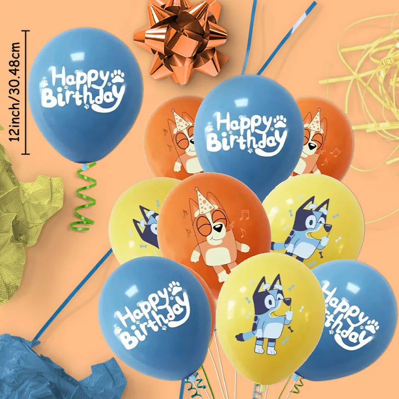 12Pcs/set Bluey Themed Cartoon Cute Balloons Set Supplies for Baby Shower Cake Birthday Family Bachelorette Party Decorations