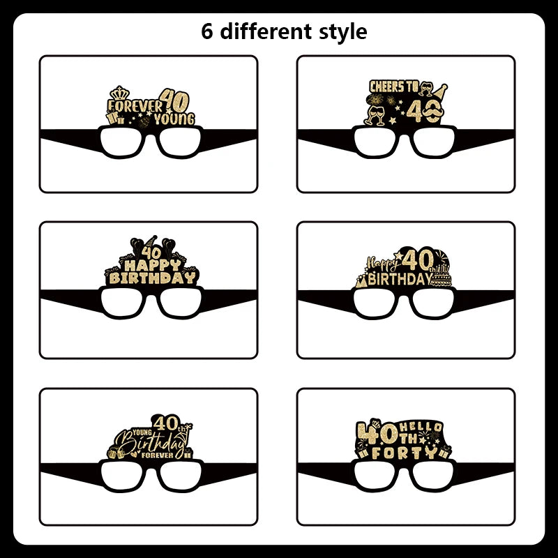 6pcs 18 21 30 40 50 60 70 Year Old Birthday Black Gold Paper Glasses Adult Birthday Party Photo Booth Props Anniversary Decor