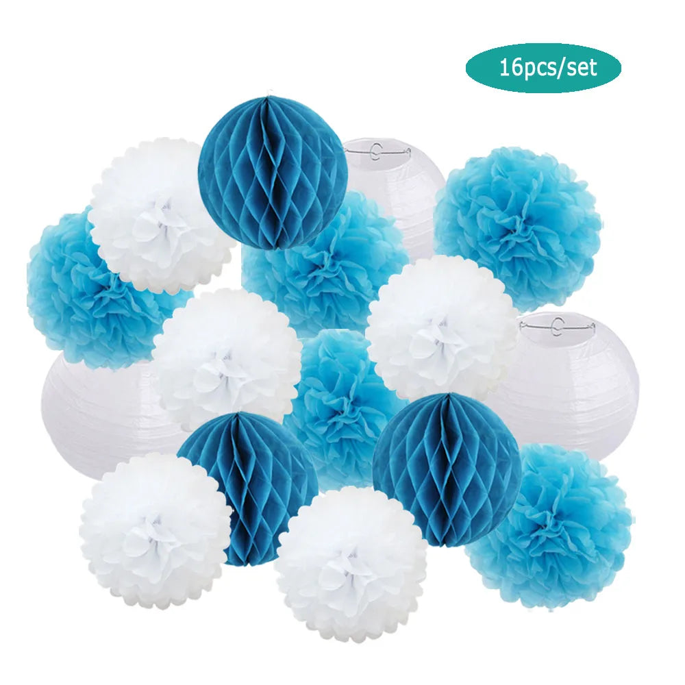 Papier Laternen Set 16-teilig – Runde Laternen, Waben & Pompons | Geburtstag, Hochzeit & Party | 35 Farben
