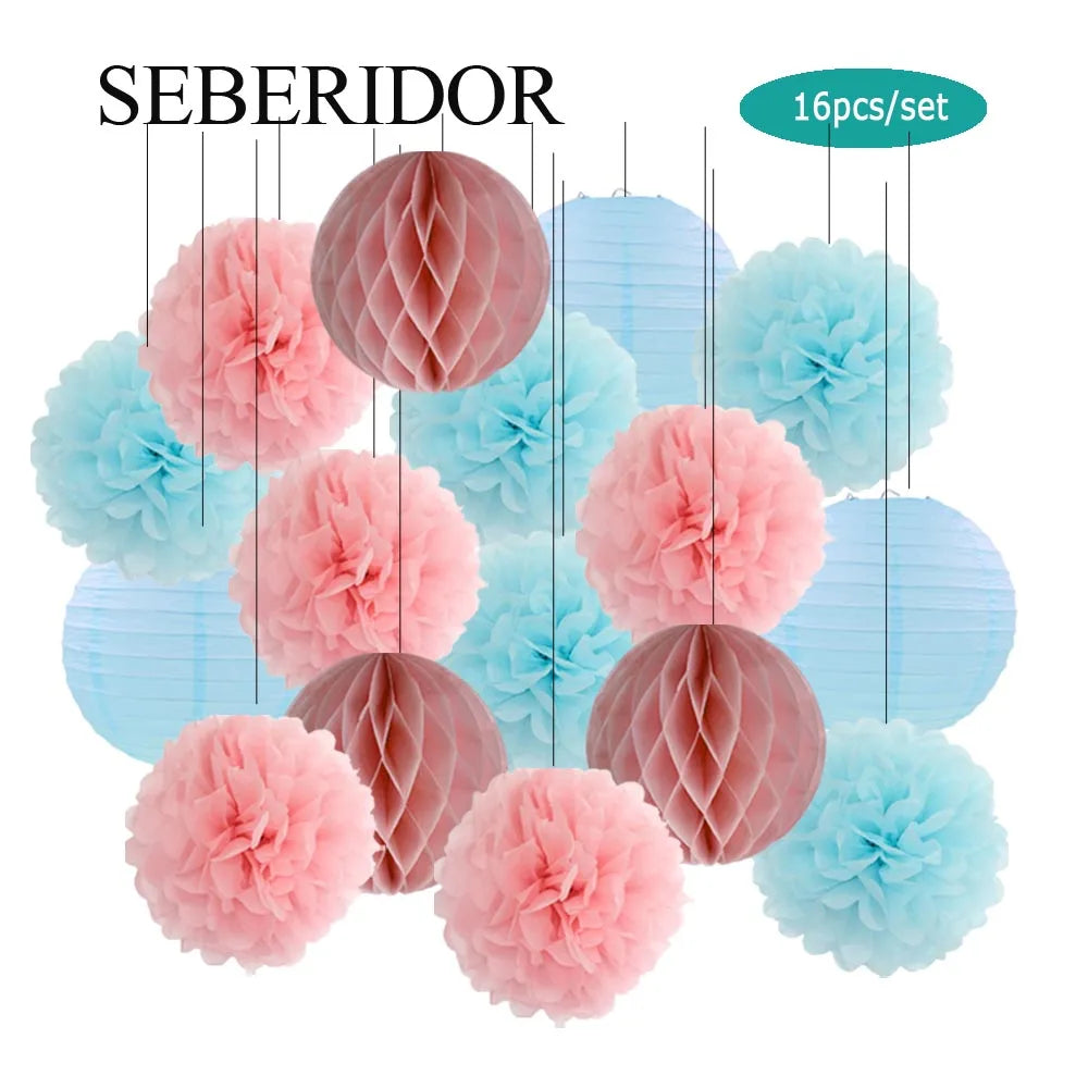 Papier Laternen Set 16-teilig – Runde Laternen, Waben & Pompons | Geburtstag, Hochzeit & Party | 35 Farben