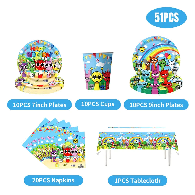 Sprunki Birthday Party Decorations Balloons Backdrop Banners Tableware Set Tablecloth Cups Plates Straws Kids Party Supplies