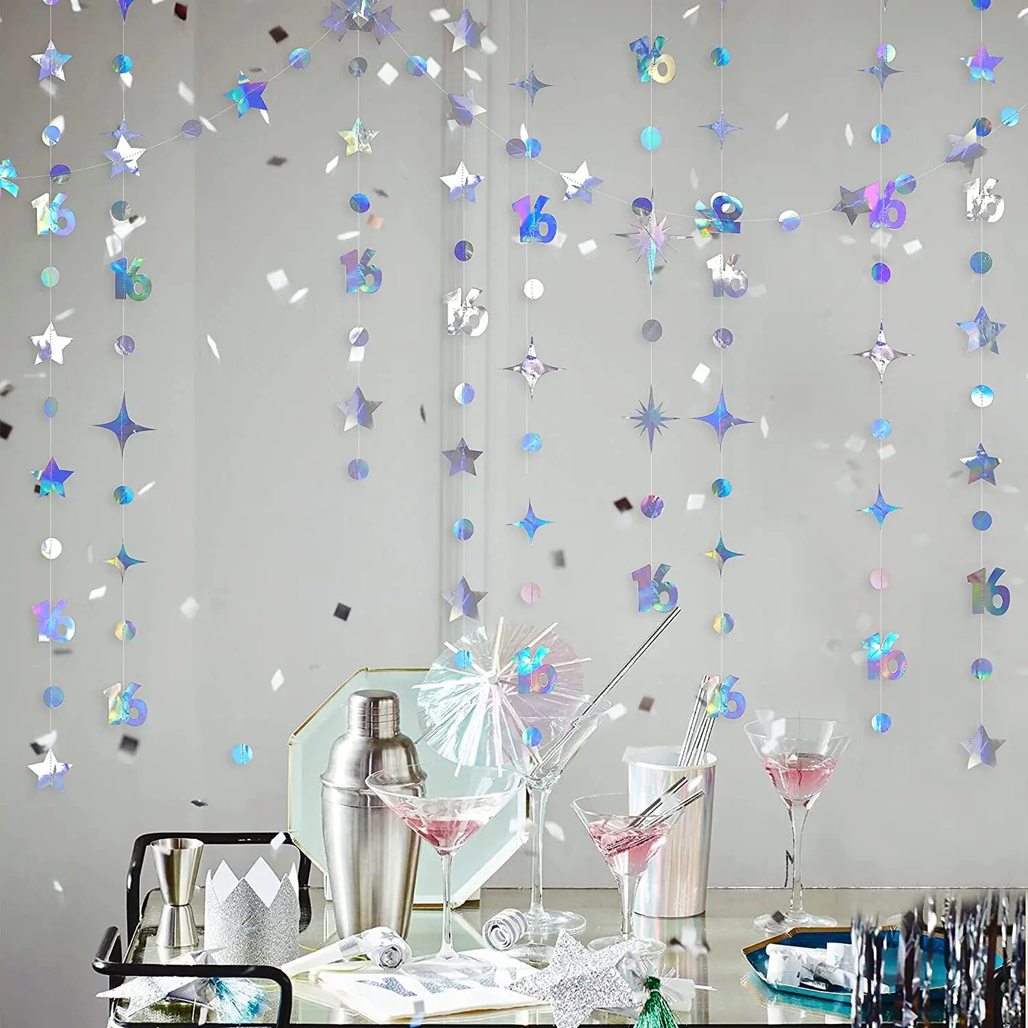 Irisierender Geburtstags-Wimpel & Sterngirlande – Rosegold & Regenbogen | 1. bis 60. Geburtstag