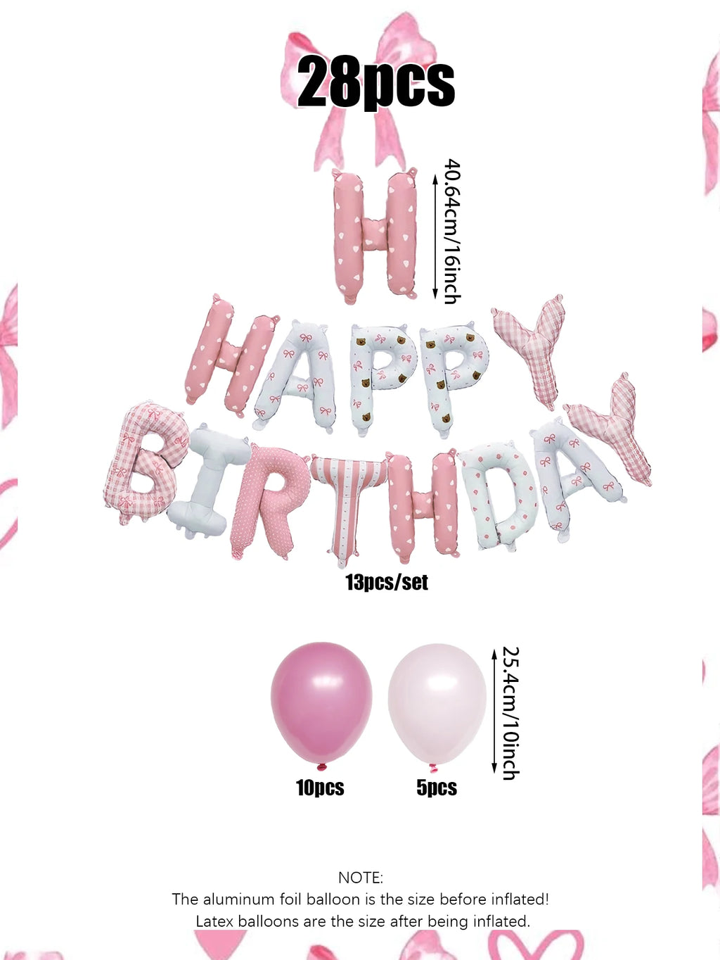 28-piece pink floral birthday set includes a floral "Happy Birthday" banner, pink latex balloons, and is suitable for birthday