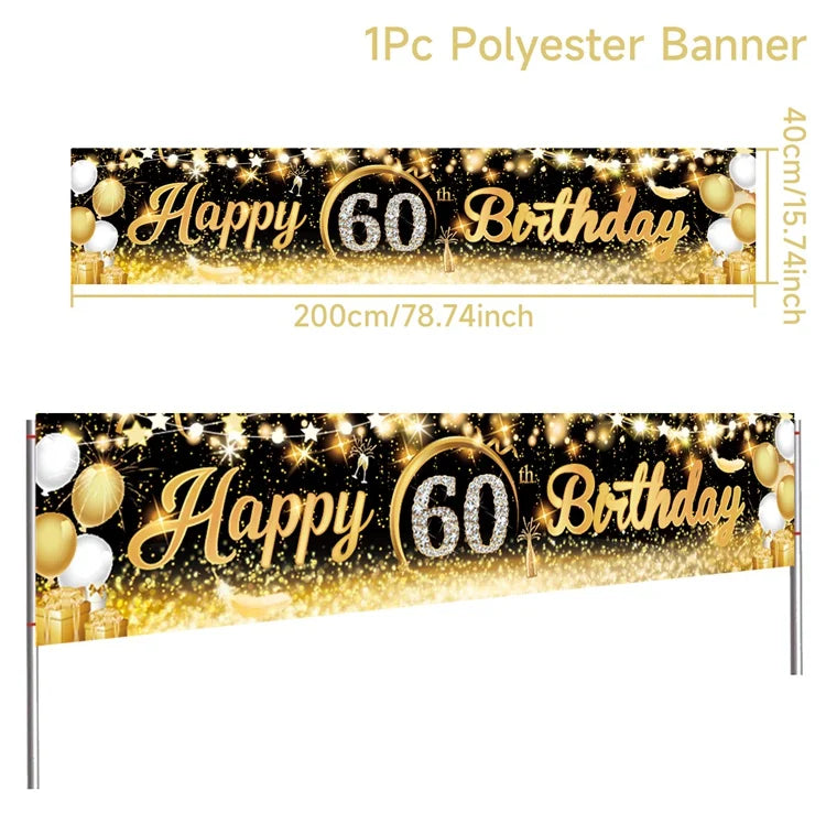 Black Gold Happy Birthday Banner Balloon Flag Adult 30th 40th 50th 60th Birthday Party Decoration Supplies Bunting Anniversary