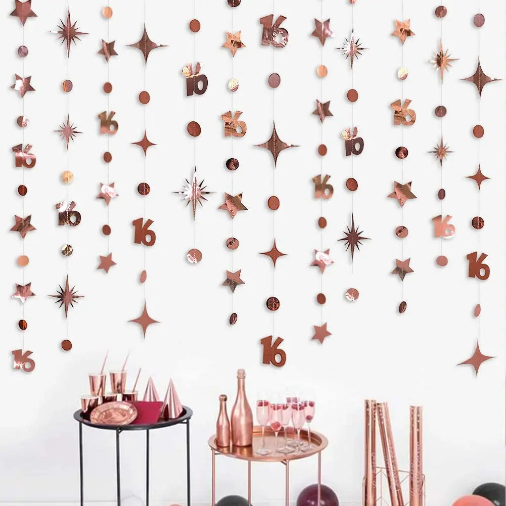 Irisierender Geburtstags-Wimpel & Sterngirlande – Rosegold & Regenbogen | 1. bis 60. Geburtstag
