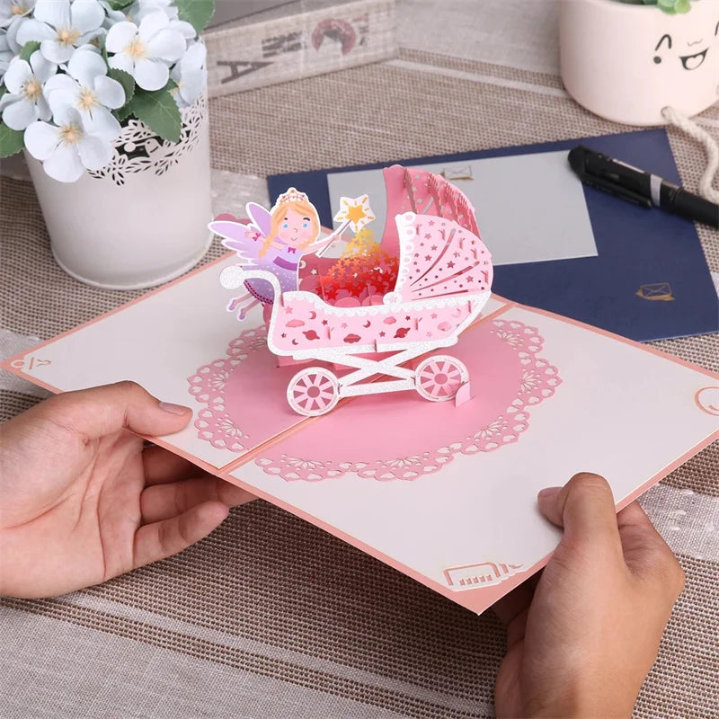 1st First Birthday Gift Card for Newborn 3D Baby Carriage  Little Fairy Greeting Cards for Baby Shower Invitation Pink Blue