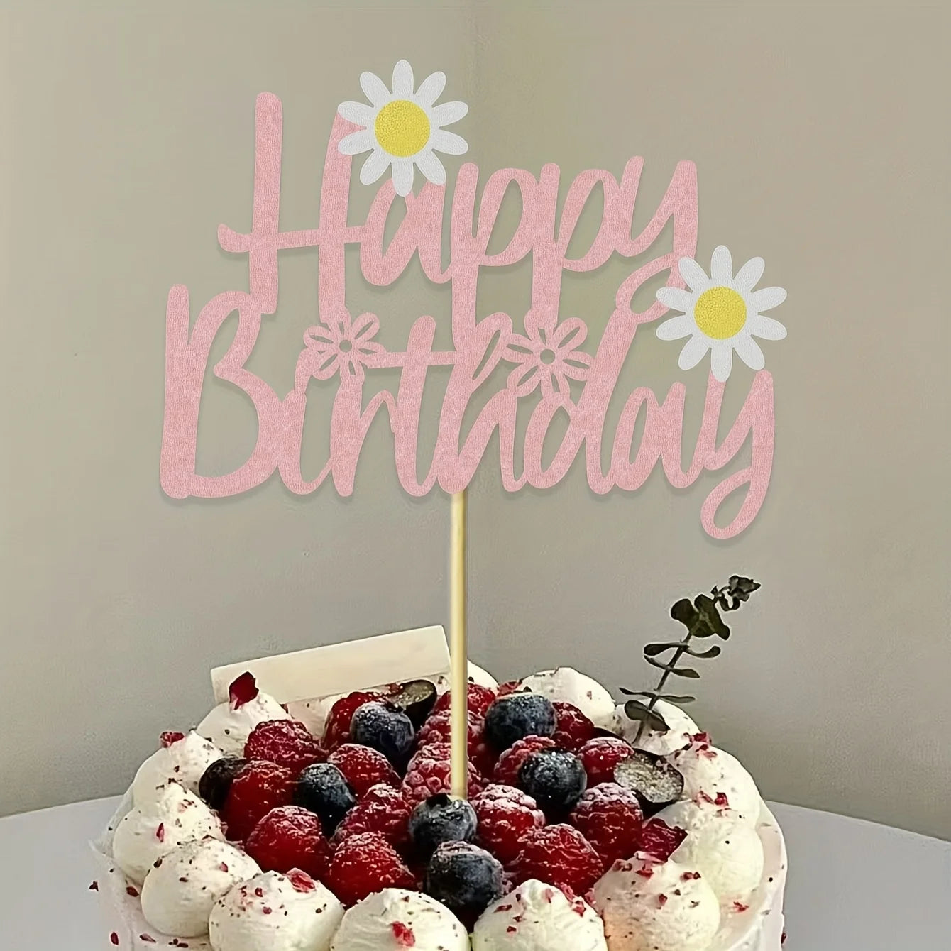 Happy Birthday" Daisy Cake Topper - Pink Cursive Design with White Daisies, Bamboo Stand for Festive Cake Decorations