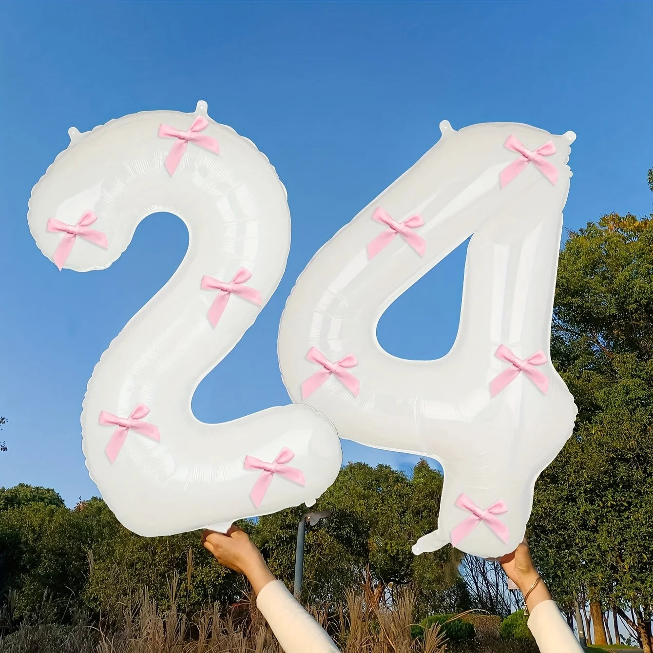 2 40inch Balloons with Pink Bow Decorations in White, Suitable for Birthday Parties, Anniversaries, Weddings, Proposals, New Year Decorations, Pink Bow Foil Numbers for Ages 0-9