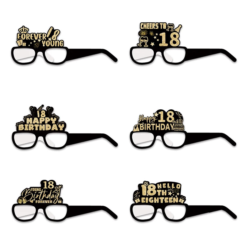 6pcs 18 21 30 40 50 60 70 Year Old Birthday Black Gold Paper Glasses Adult Birthday Party Photo Booth Props Anniversary Decor