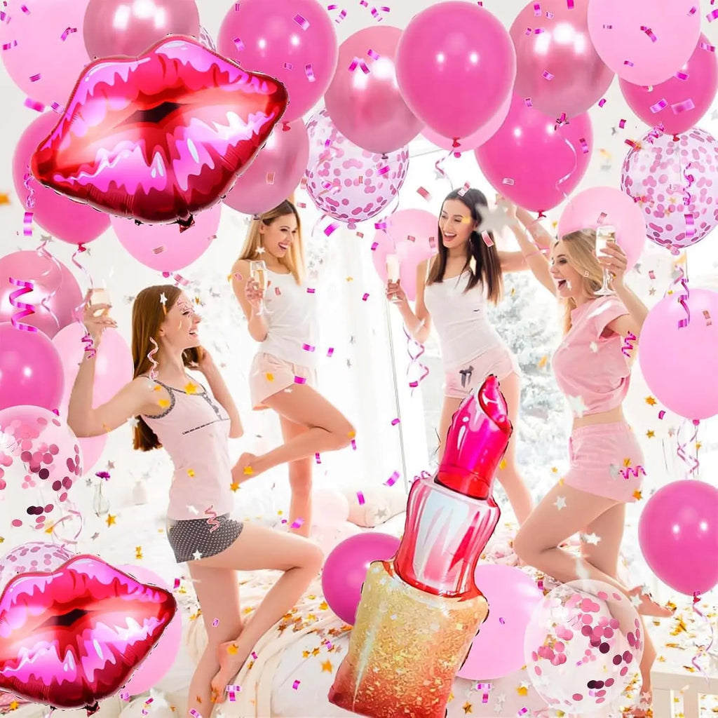 Pink Birthday Decorations, Pink Birthday Decorations, with Lipstick Balloons and Lip Gloss, Makeup Balloons for Girls’ Parties