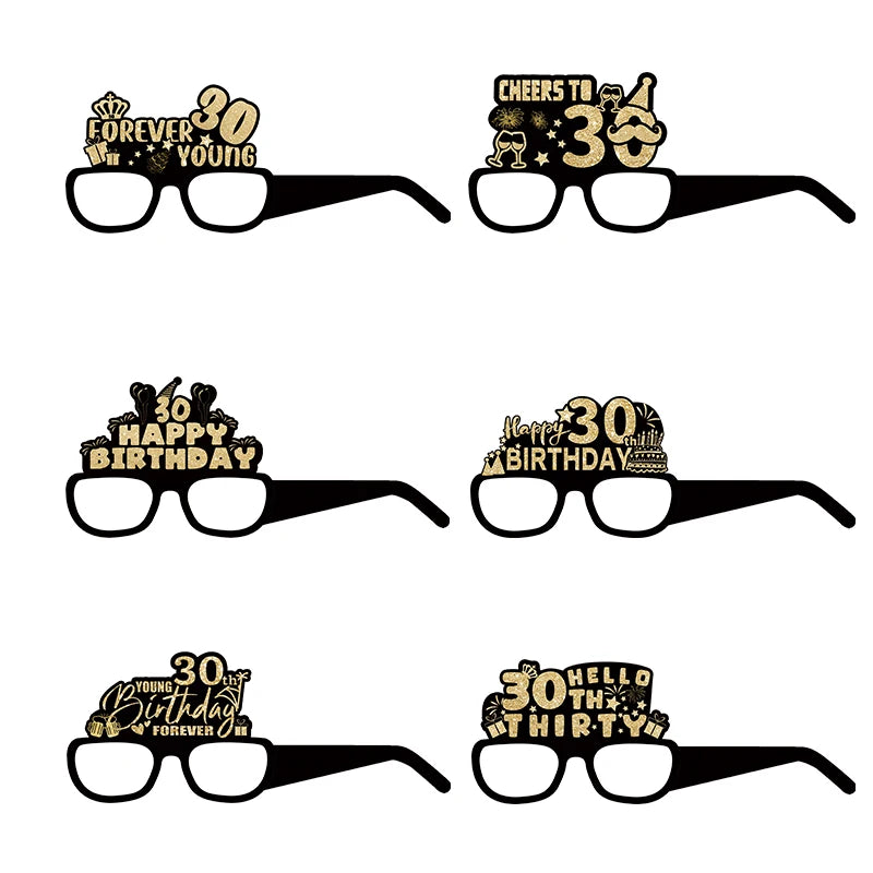 6pcs 18 21 30 40 50 60 70 Year Old Birthday Black Gold Paper Glasses Adult Birthday Party Photo Booth Props Anniversary Decor