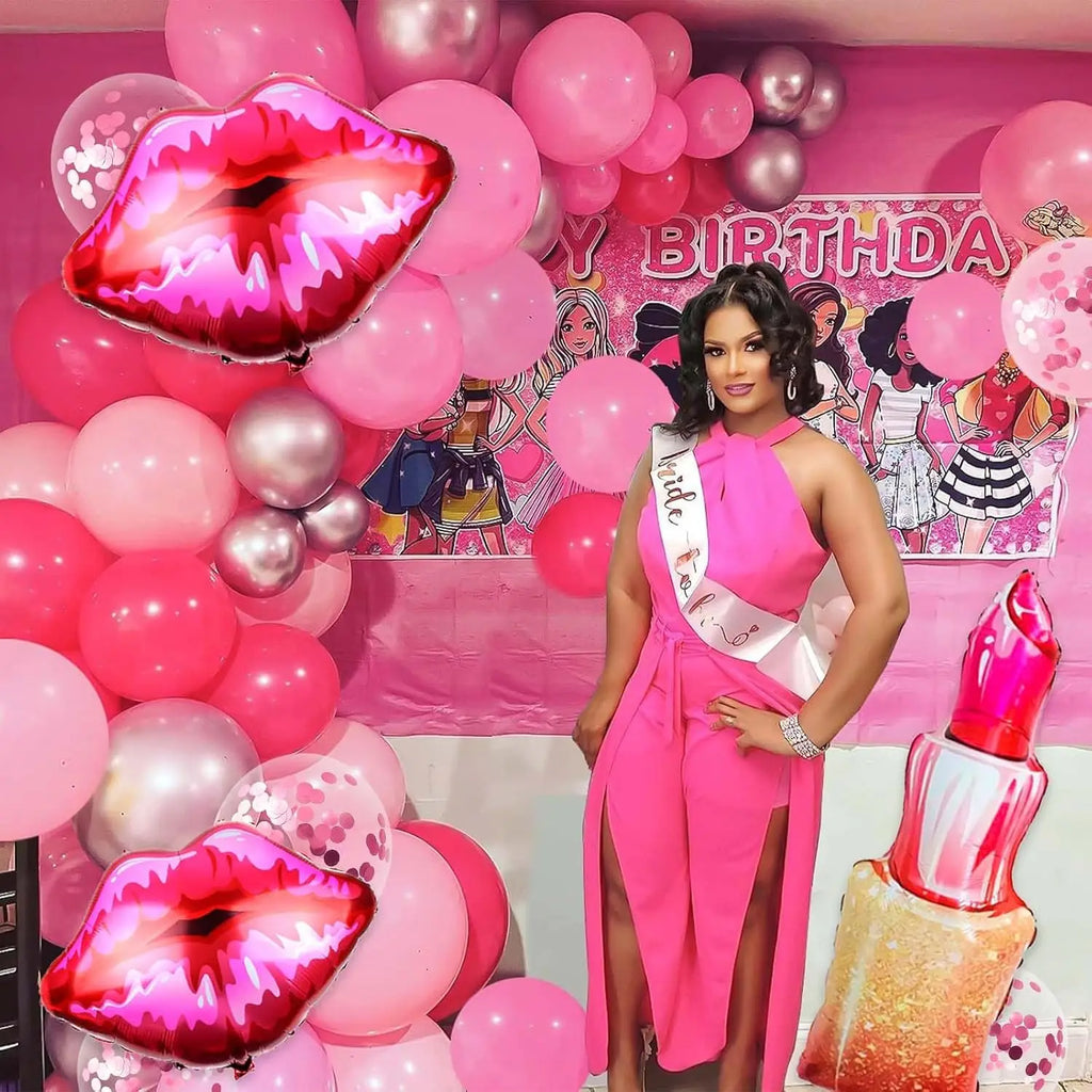 Pink Birthday Decorations, Pink Birthday Decorations, with Lipstick Balloons and Lip Gloss, Makeup Balloons for Girls’ Parties