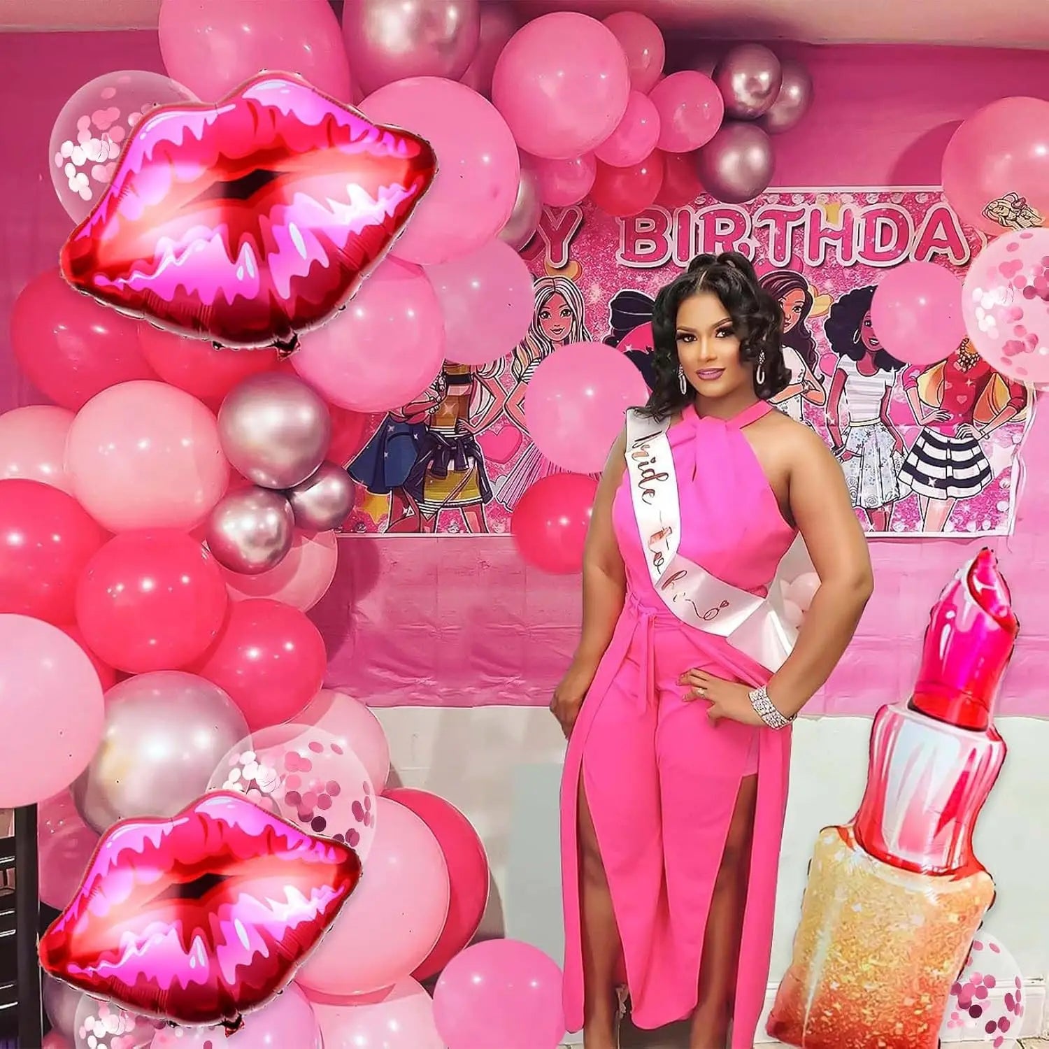 Pink Birthday Decorations, Pink Birthday Decorations, with Lipstick Balloons and Lip Gloss, Makeup Balloons for Girls’ Parties