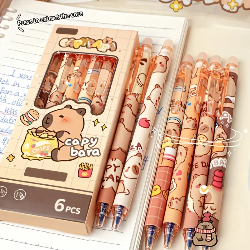 Capybara Erasable Gel Pens – Set of 6 Colors | 0.5mm Fine Tip | School & Office