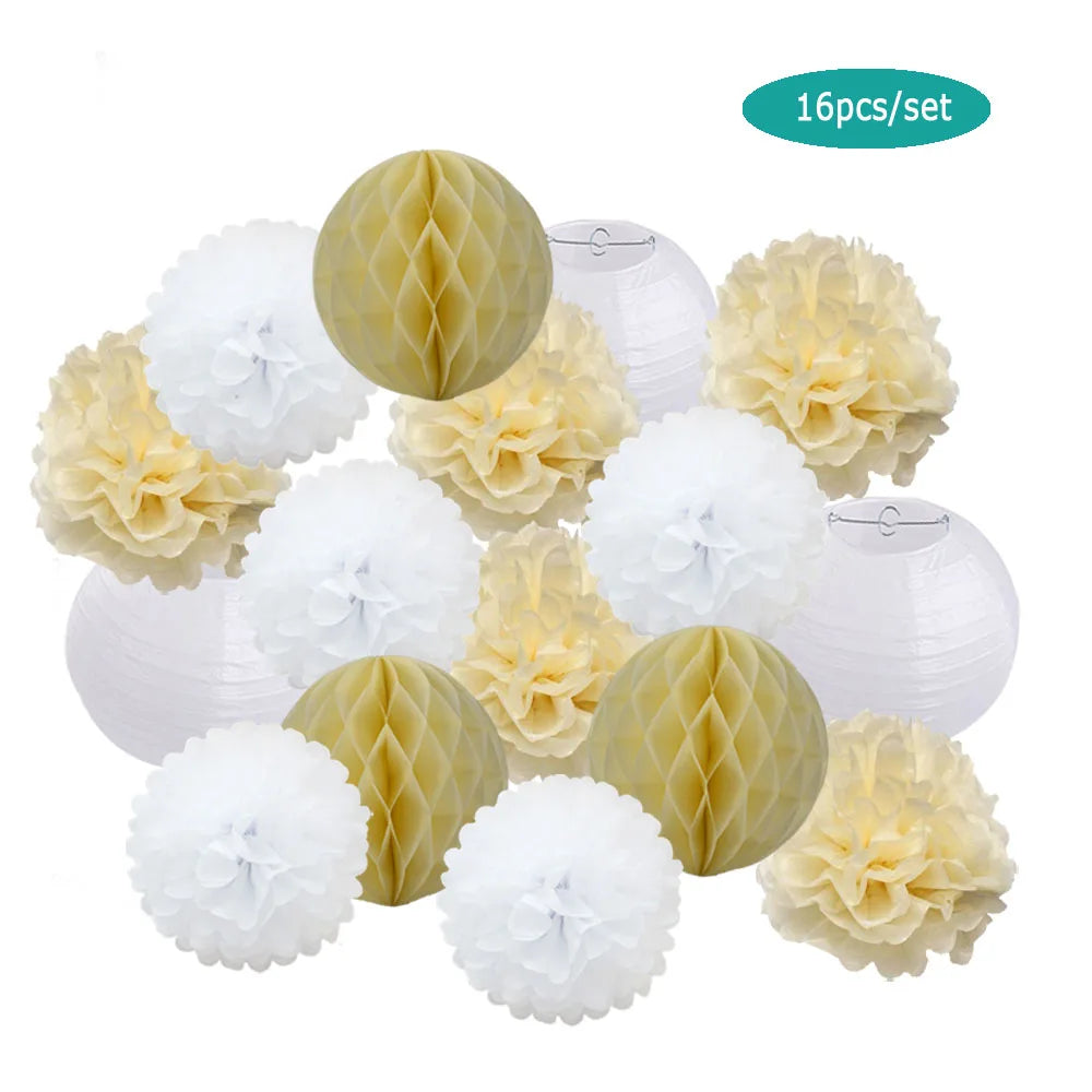 Papier Laternen Set 16-teilig – Runde Laternen, Waben & Pompons | Geburtstag, Hochzeit & Party | 35 Farben