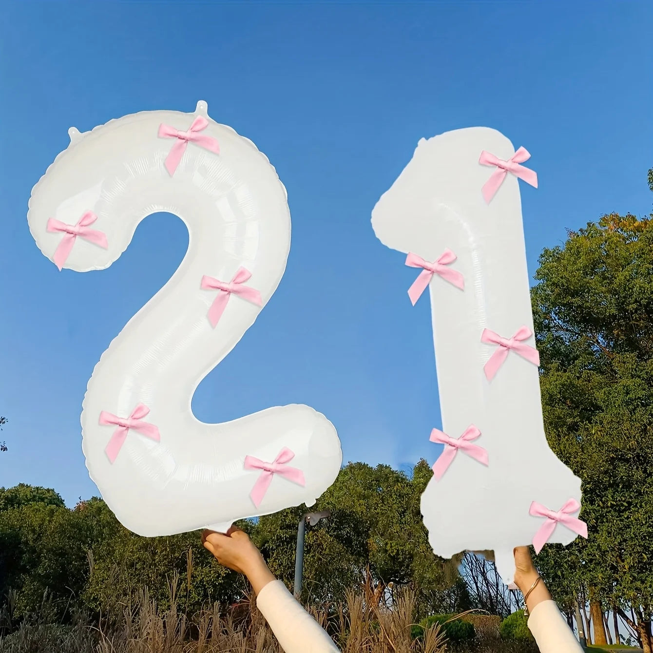 2 40inch Balloons with Pink Bow Decorations in White, Suitable for Birthday Parties, Anniversaries, Weddings, Proposals, New Year Decorations, Pink Bow Foil Numbers for Ages 0-9