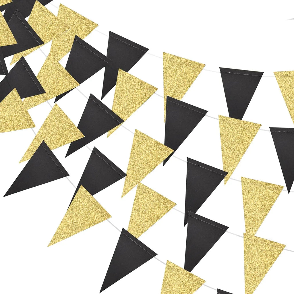 Schwarz Gold Wimpelgirlande – Dreieck Flaggen Banner | Geburtstag, Hochzeit & Abschluss Deko