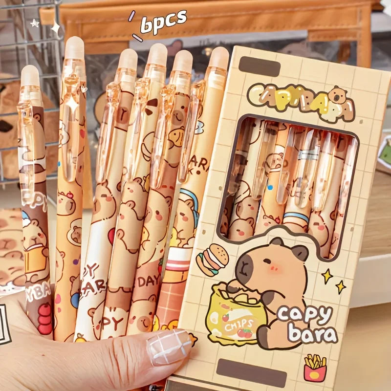 Capybara Erasable Gel Pens – Set of 6 Colors | 0.5mm Fine Tip | School & Office