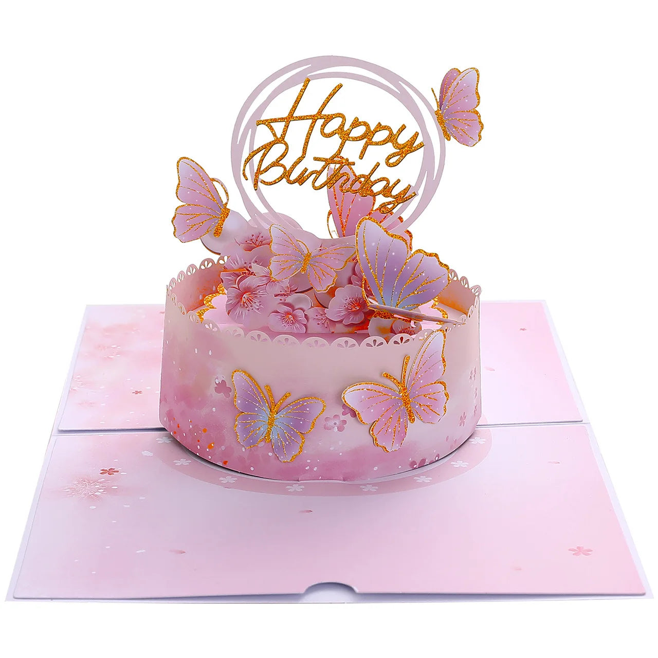 Birthday Pop Up Card: 3D Butterfly Cake & Cherry Blossom Design with Envelope