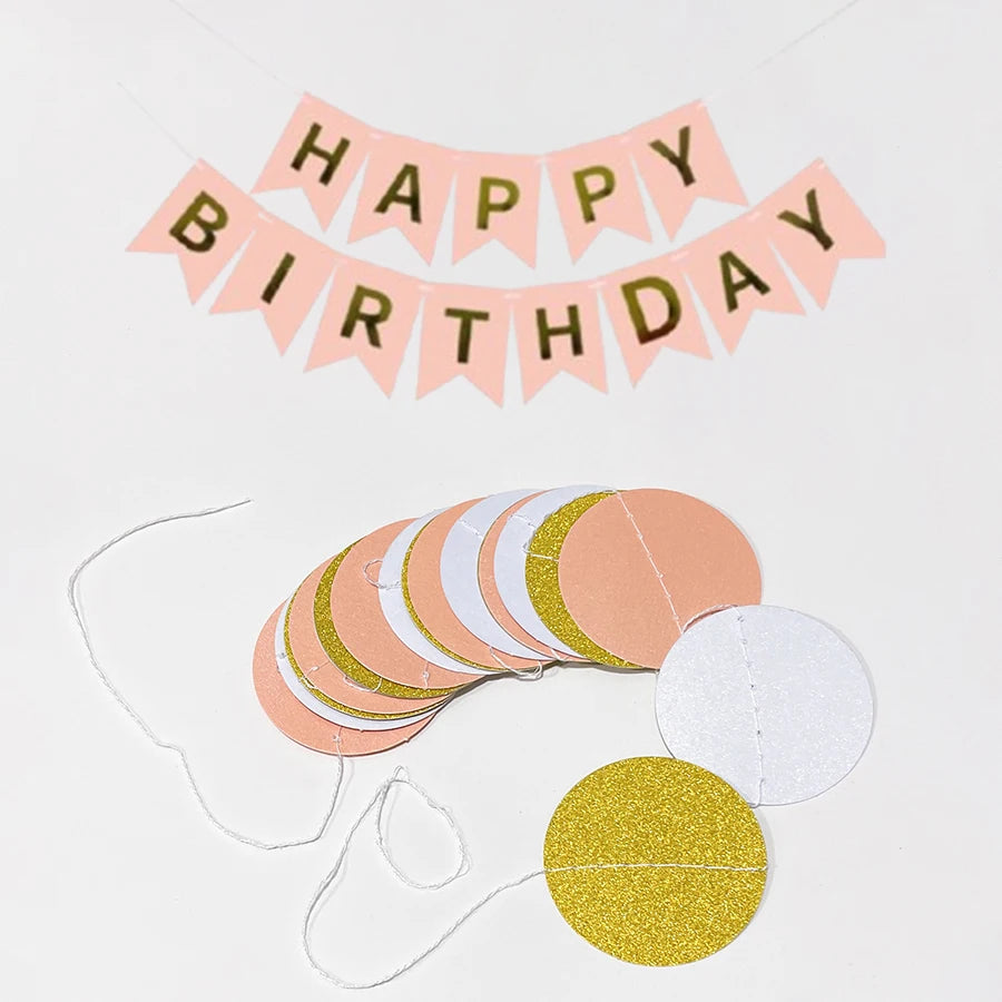 Birthday themed decoration supplies, including 1pc Happy Birthday banner, 1pc round pink flower, pink girl themed birthday party