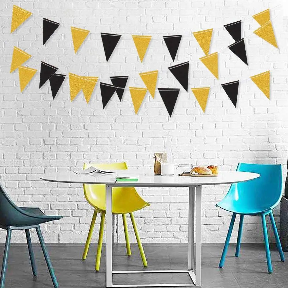Schwarz Gold Wimpelgirlande – Dreieck Flaggen Banner | Geburtstag, Hochzeit & Abschluss Deko