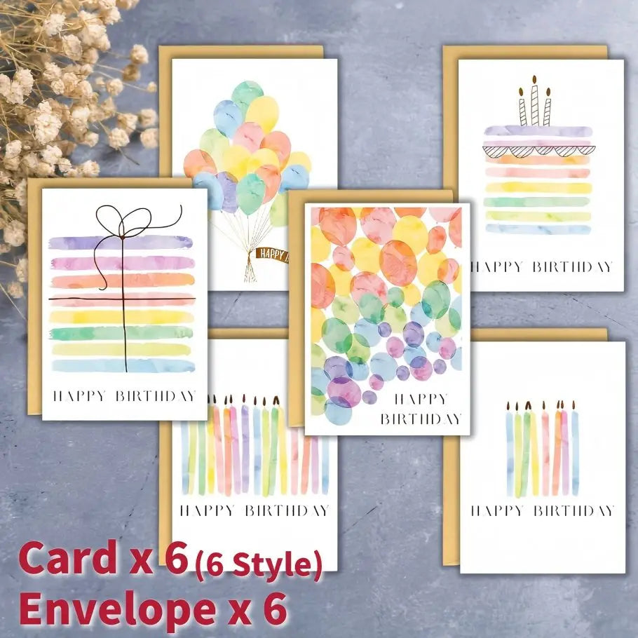 12 watercolor birthday cards (including envelopes) with unique and soft design, suitable for parties, birthdays, etc