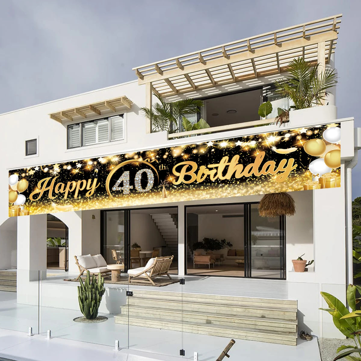 Black Gold Happy Birthday Banner Balloon Flag Adult 30th 40th 50th 60th Birthday Party Decoration Supplies Bunting Anniversary