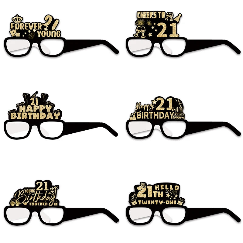 6pcs 18 21 30 40 50 60 70 Year Old Birthday Black Gold Paper Glasses Adult Birthday Party Photo Booth Props Anniversary Decor