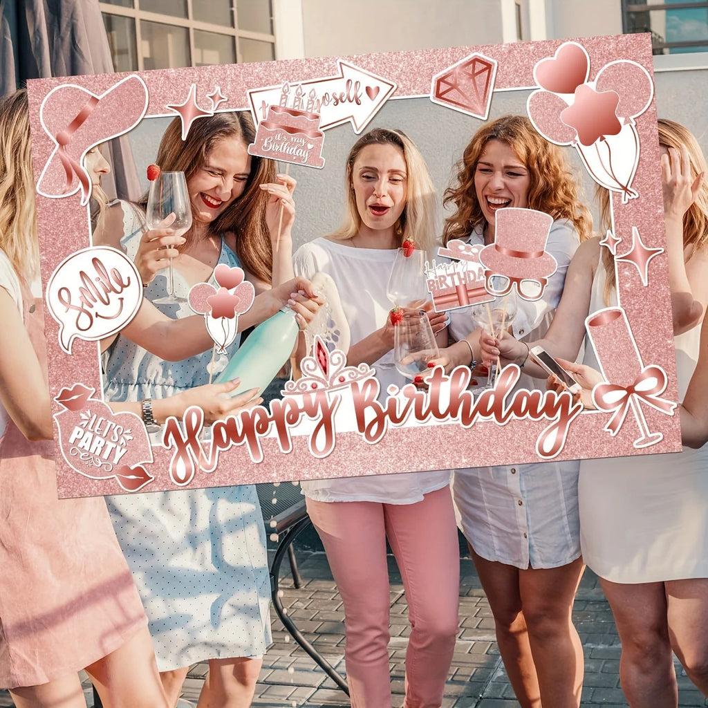 Happy Birthday Photo Booth Props Rose Gold Birthday Party Photobooth Selfie Frame & Props for Birthday Party Decorations Supplie