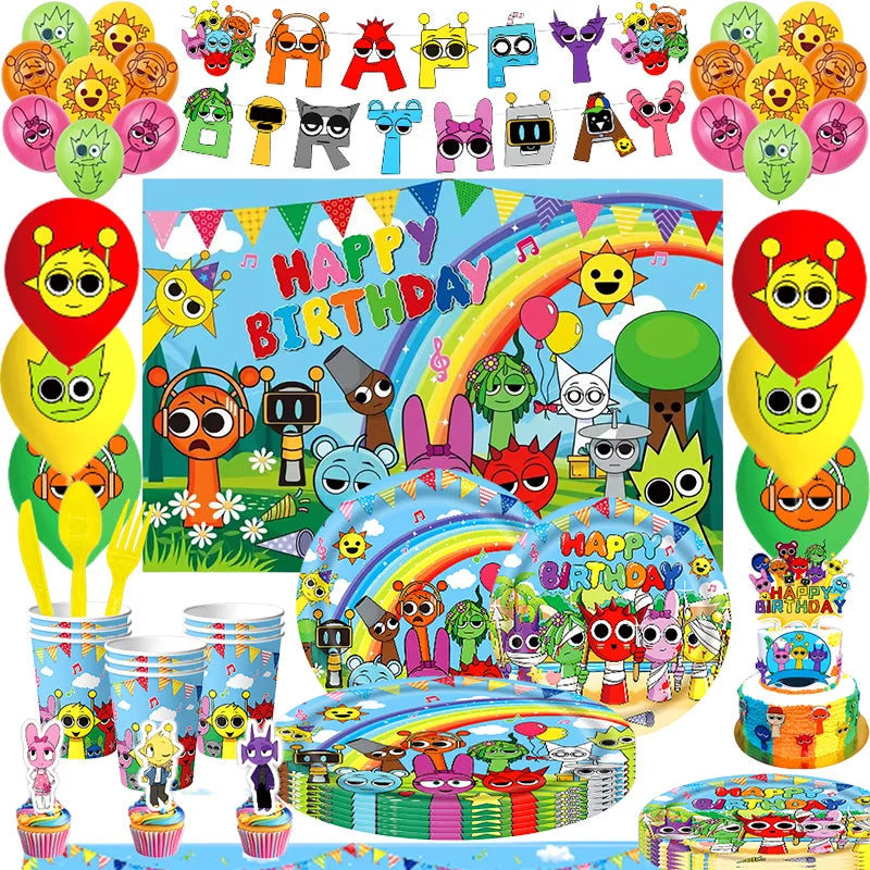 Sprunki Birthday Party Decorations Balloons Backdrop Banners Tableware Set Tablecloth Cups Plates Straws Kids Party Supplies
