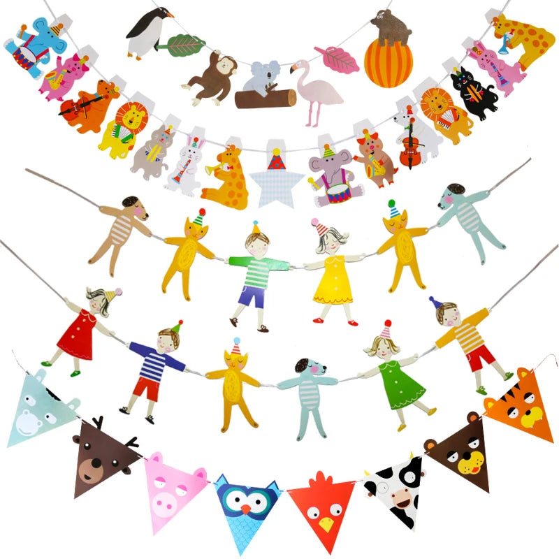 Cartoon Bunting Birthday Banner for Children's Day and Bedroom Decoration, Hand in Hand, Animal, Forest, DIY, Event, Dress Up,2m