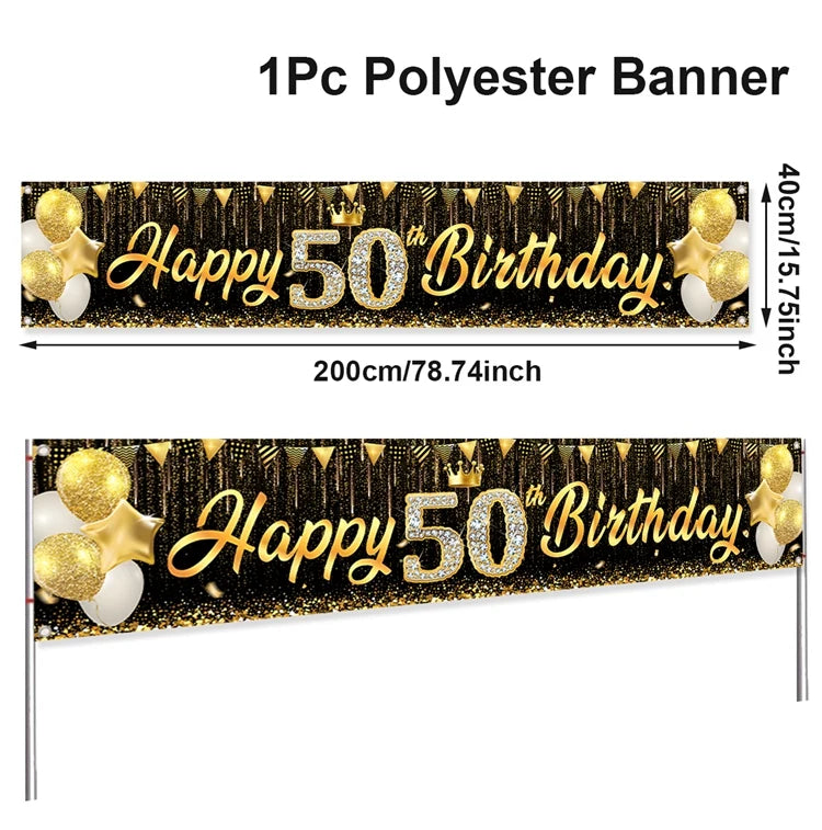 Black Gold Happy Birthday Banner Balloon Flag Adult 30th 40th 50th 60th Birthday Party Decoration Supplies Bunting Anniversary