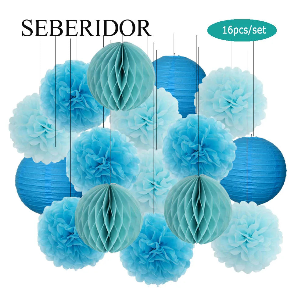 Papier Laternen Set 16-teilig – Runde Laternen, Waben & Pompons | Geburtstag, Hochzeit & Party | 35 Farben
