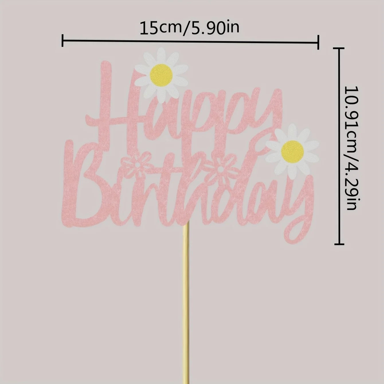 Happy Birthday" Daisy Cake Topper - Pink Cursive Design with White Daisies, Bamboo Stand for Festive Cake Decorations