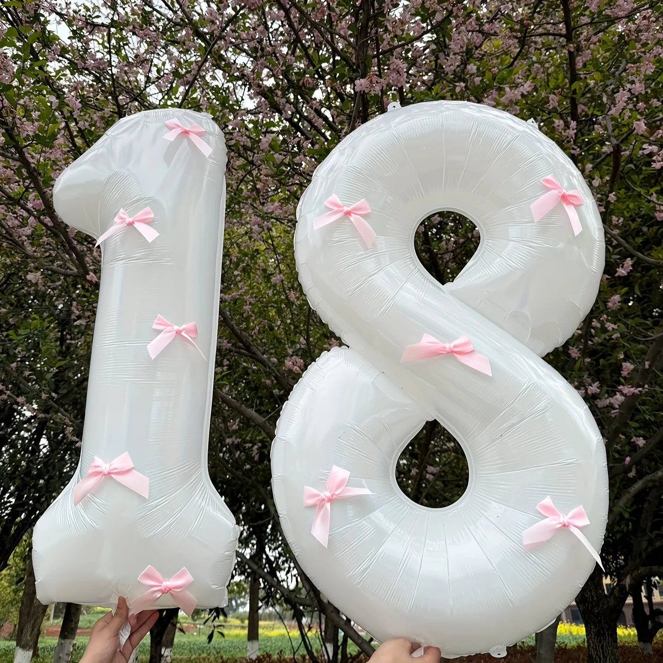 2 40inch Balloons with Pink Bow Decorations in White, Suitable for Birthday Parties, Anniversaries, Weddings, Proposals, New Year Decorations, Pink Bow Foil Numbers for Ages 0-9