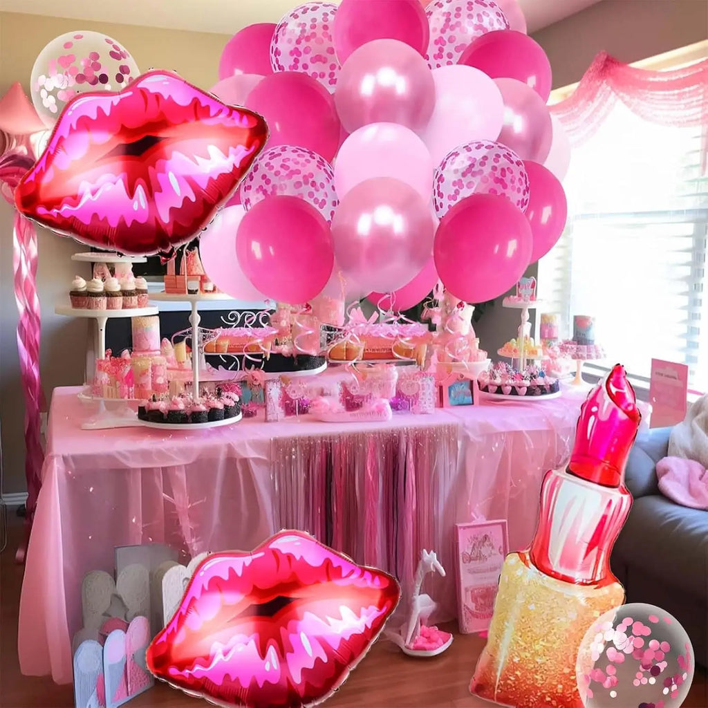 Pink Birthday Decorations, Pink Birthday Decorations, with Lipstick Balloons and Lip Gloss, Makeup Balloons for Girls’ Parties