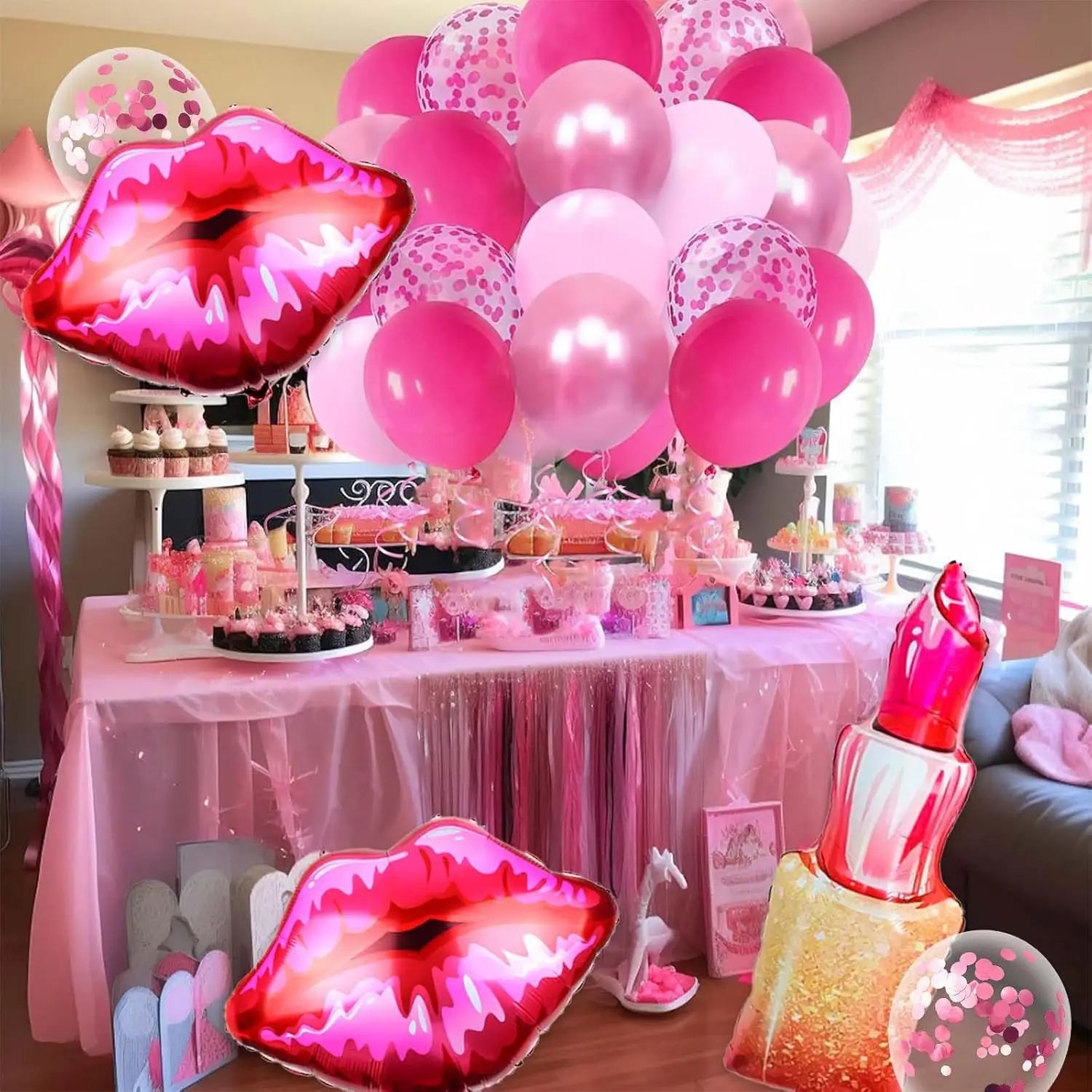 Pink Birthday Decorations, Pink Birthday Decorations, with Lipstick Balloons and Lip Gloss, Makeup Balloons for Girls’ Parties