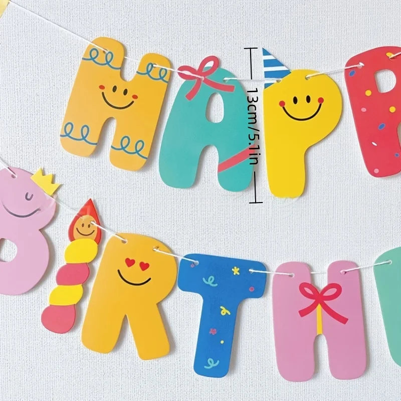Happy Birthday Banner Bunt – Cartoon-Stil Wimpelgirlande | Geburtstagsdeko für drinnen