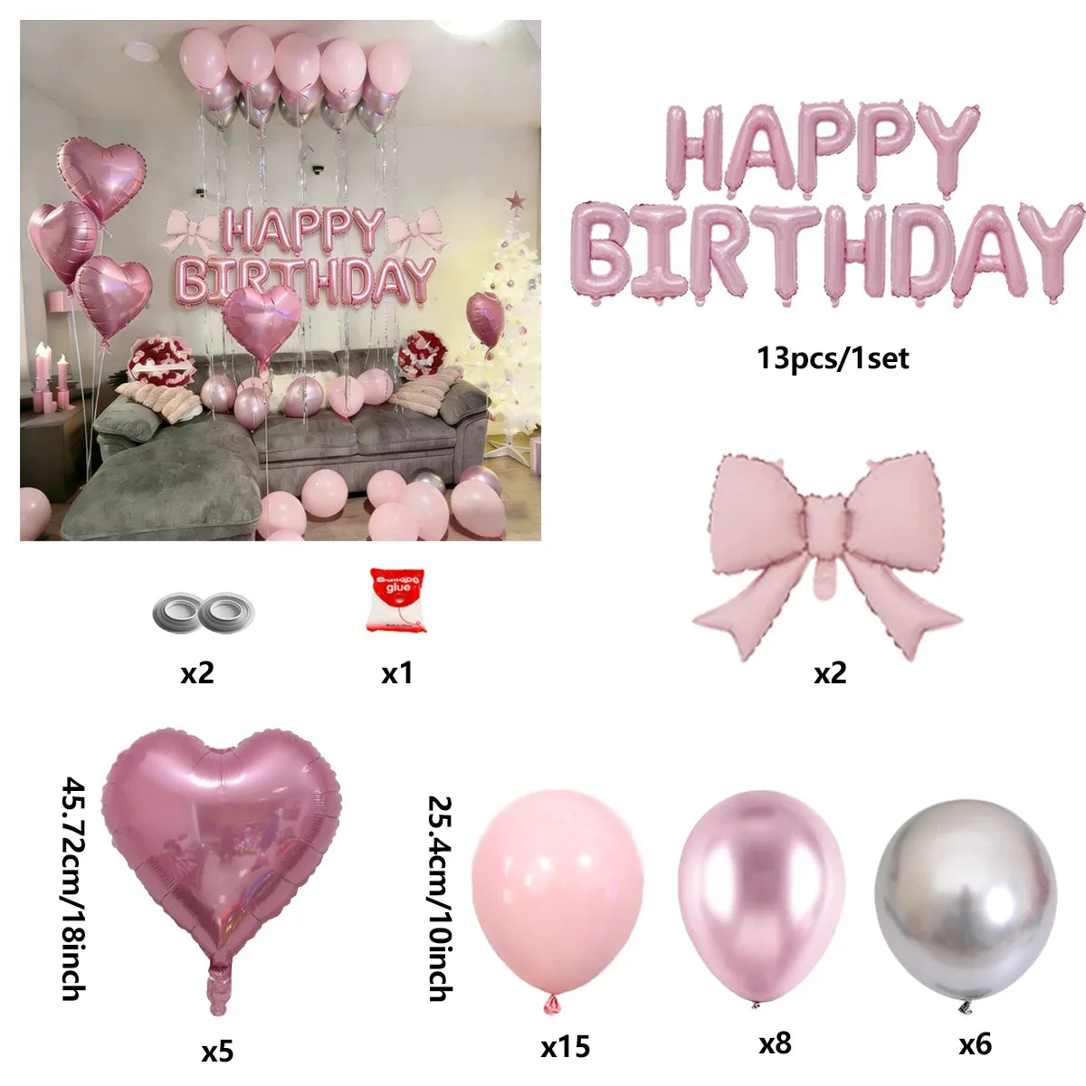Pink Birthday Balloon Set with Bow Aluminum Film Balloon for Birthday Party Balloon Atmosphere Decoration Photo Props