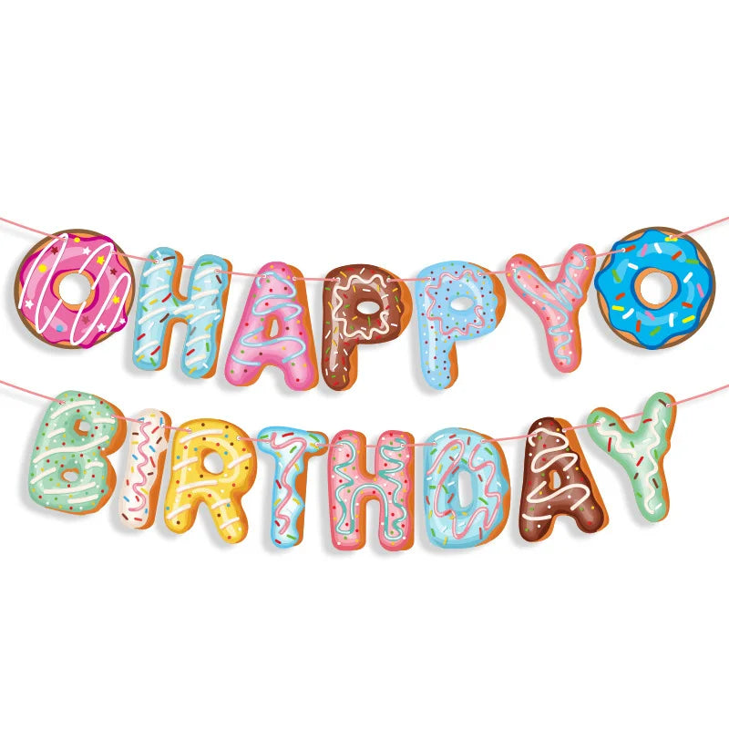Donut Happy Birthday Paper Banner Donut Garland Bunting Banner for Donut Grow Up Birthday Party Baby Shower Decorations Supplies