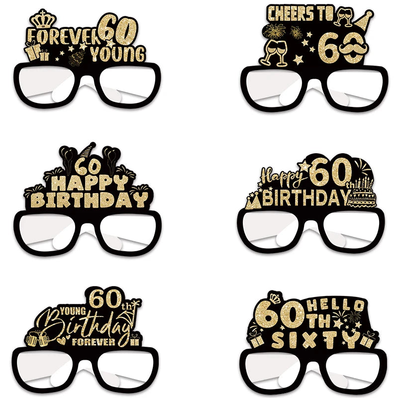 6pcs 18 21 30 40 50 60 70 Year Old Birthday Black Gold Paper Glasses Adult Birthday Party Photo Booth Props Anniversary Decor